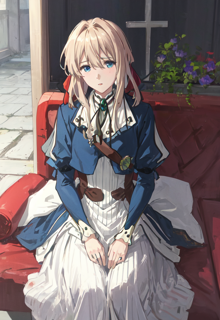 00266-3084426906-1girl, violet_evergarden, solo,  blonde_hair, long_sleeves, ribbon, blue_eyes, jacket, dress,  hair_ribbon,sitting on,.png